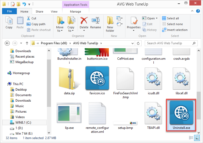 AVG Web Tuneup built-in uninstaller