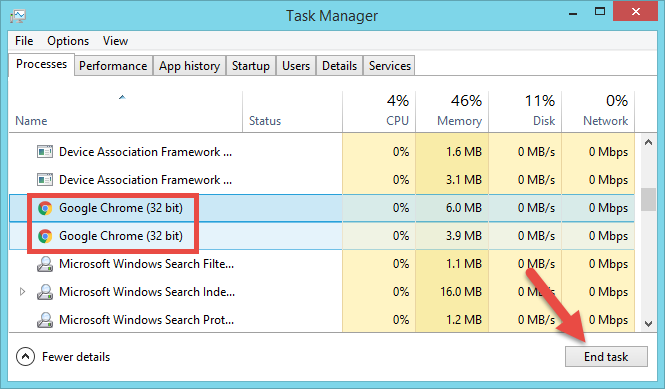 end Google Chrome in task manager