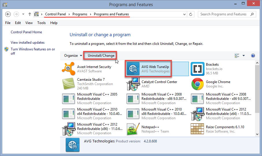 uninstall AVG Web Tuneup via Control Panel