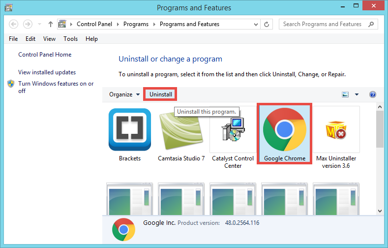 uninstall Google Chrome via control panel