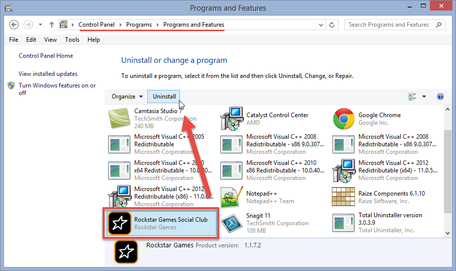 uninstall Rockstar Games Social Club via control panel