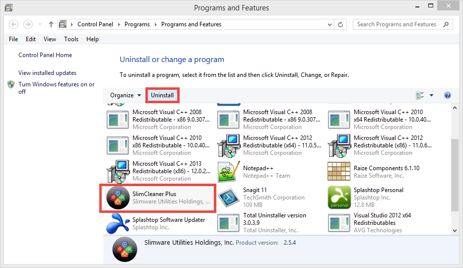 uninstall SlimCleaner Plus via Control Panel