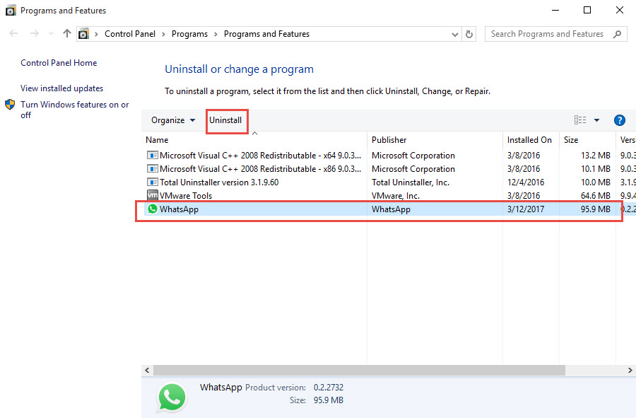 uninstall WhatsApp