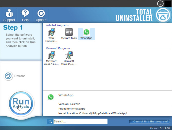uninstall WhatsApp with Total Uninstaller
