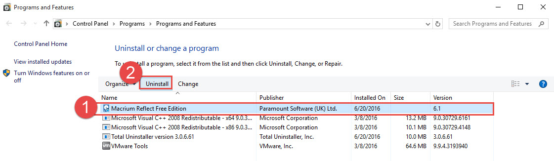uninstall Macrium Reflect Free manually