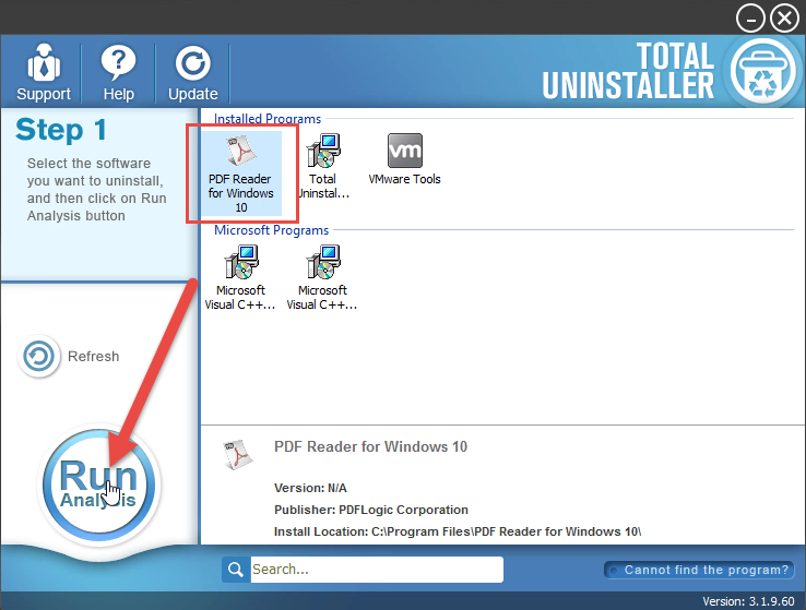 uninstall PDF Reader for Windows 10 with TU