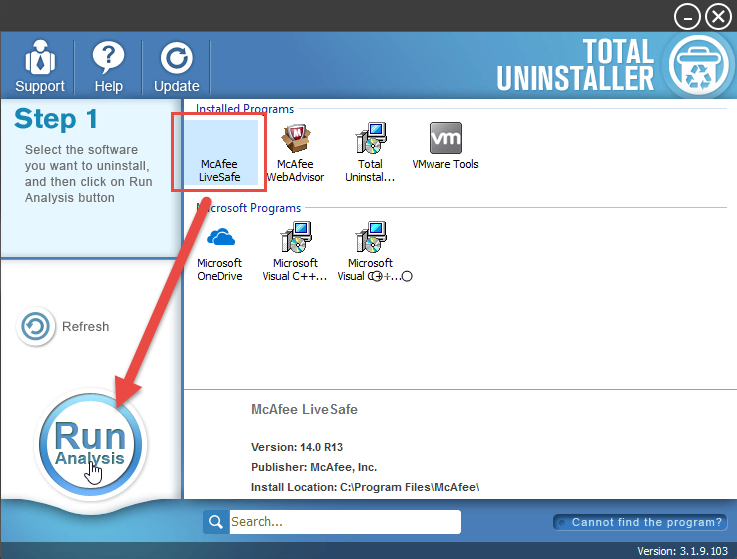 uninstall McAfee LiveSafe with Total Uninstaller