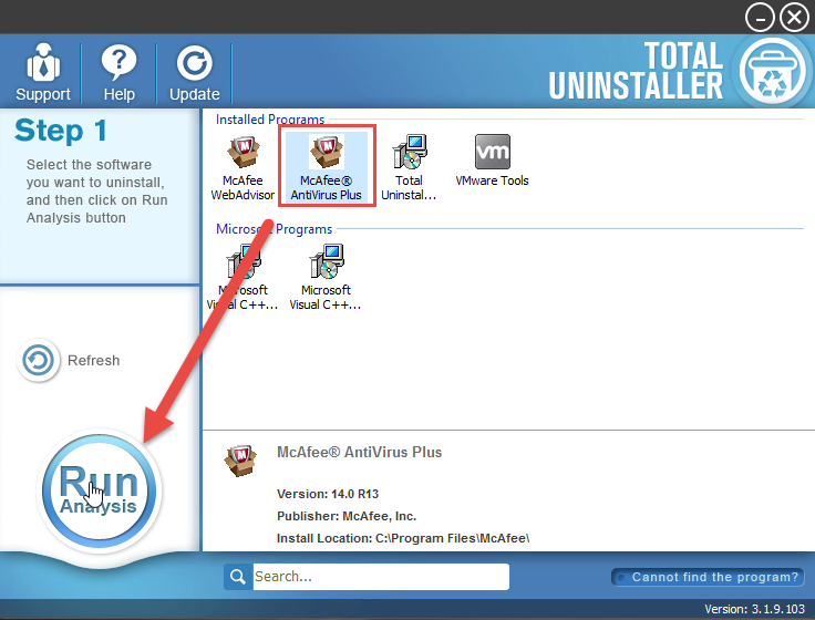 Uninstall McAfee AntiVirus Plus with Total Uninstaller