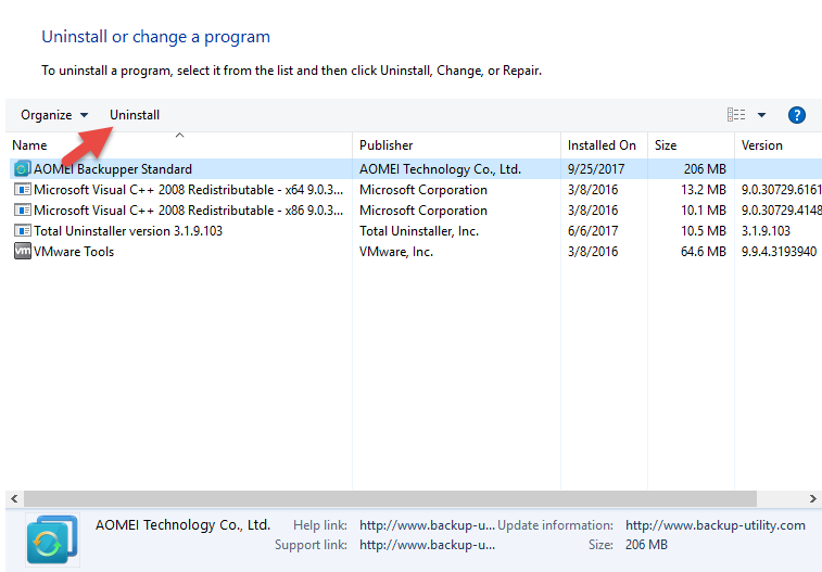 remove AOMEI Backupper Standard