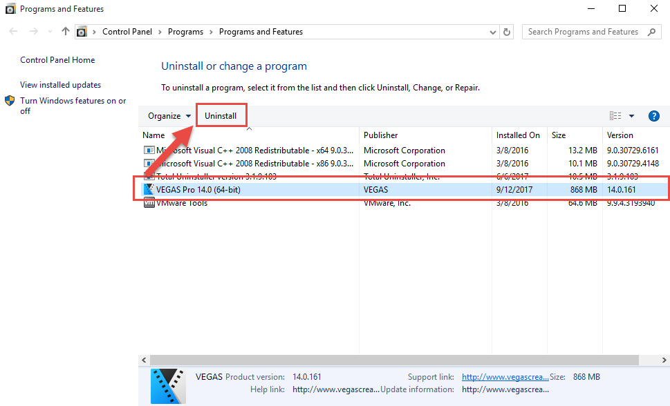 remove Vegas Pro 14 with Windows uninstaller