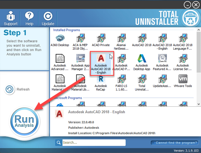 uninstall AutoCAD with Total Uninstaller
