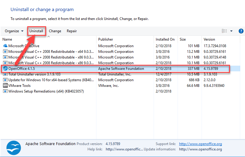 manually remove Apache OpenOffice