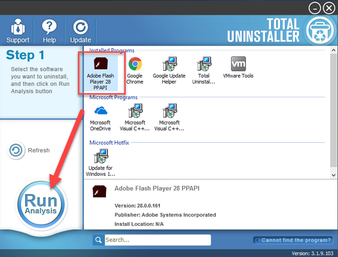 uninstall Adobe Flash Player with Total Uninstaller