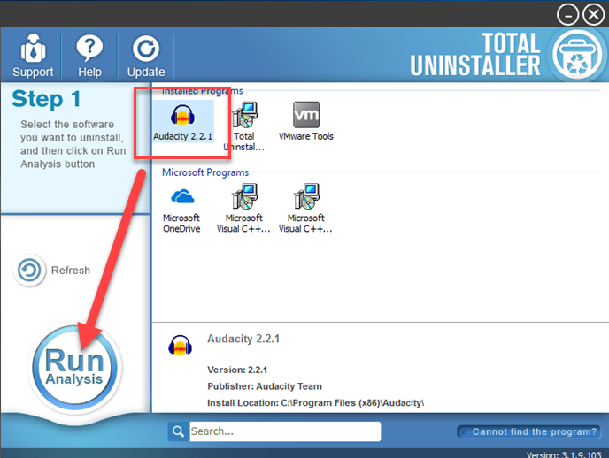 uninstall Audacity with Total Uninstaller