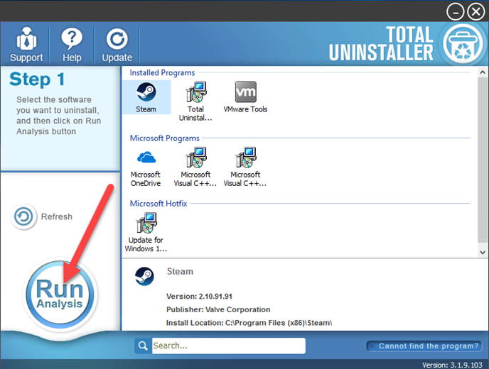 uninstall Steam with Total Uninstaller