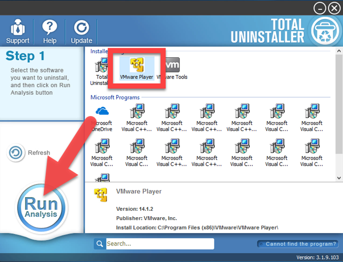 uninstall VMware Player with Total Uninstaller