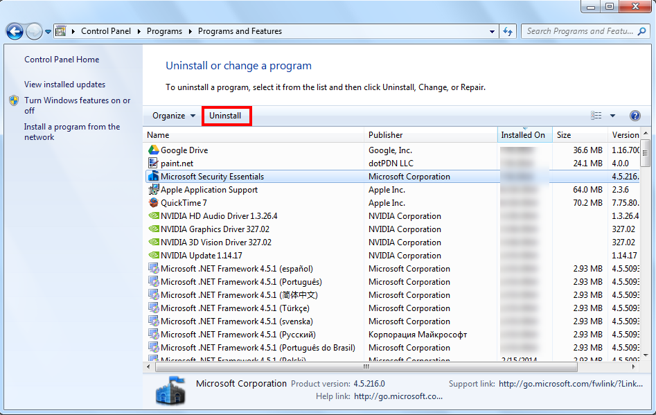 uninstall Microsoft Security Essentials