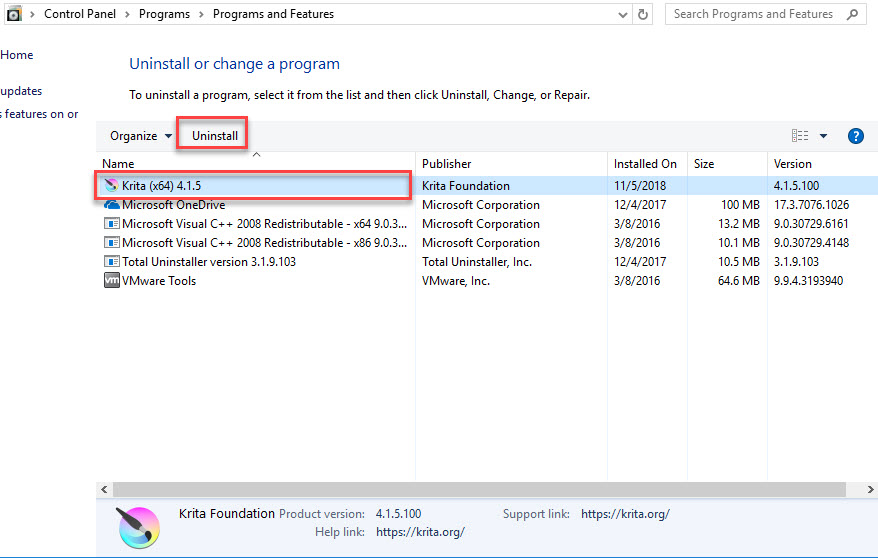 Uninstall Krita