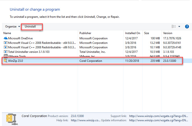 remove WinZip manually