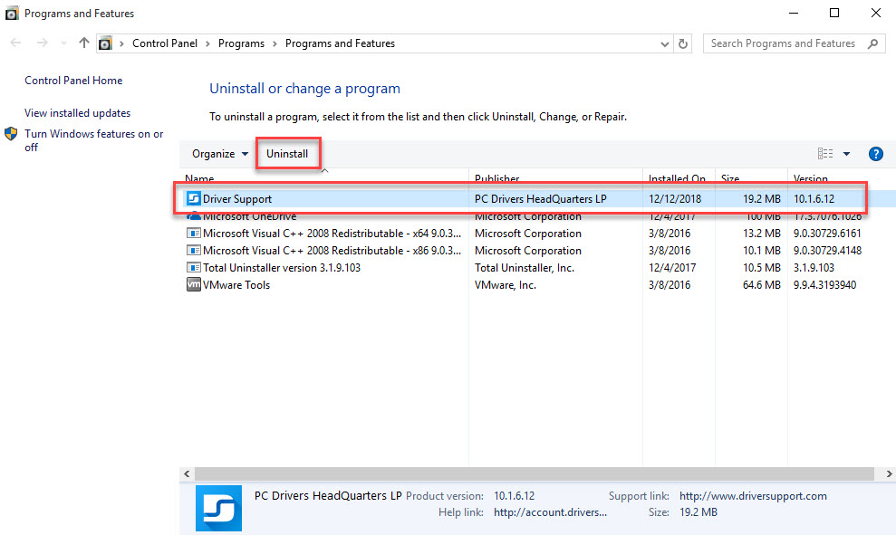 uninstall Driver Support