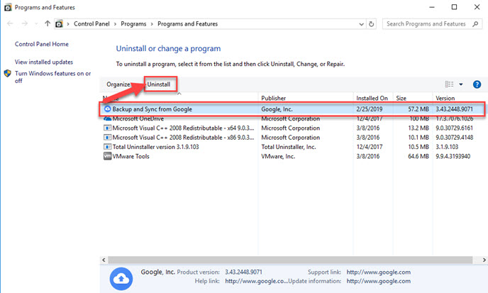 uninstall backup and sync from google