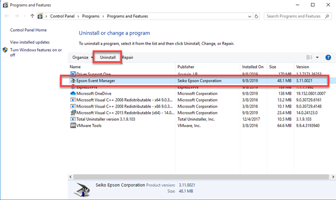 How can Uninstall Epson Event Manager from Windows System