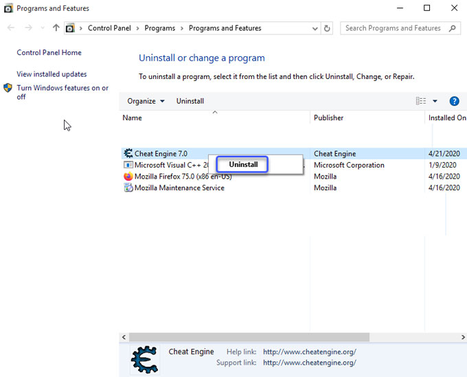 Uninstall cheat engine