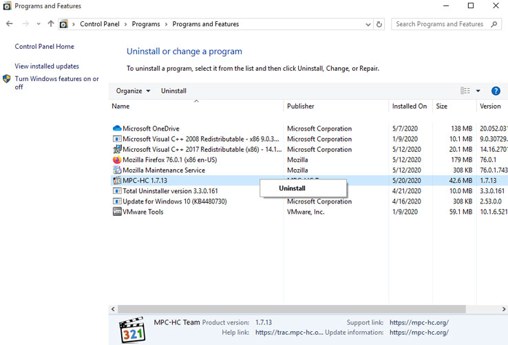 Uninstall MPC-HC