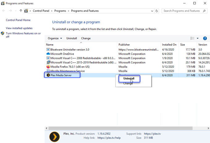 uninstall Plex