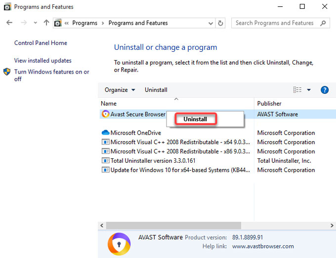 uninstall Avast Secure Browser on Windows 8