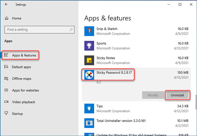 Uninstall Sticky Password on Windows 10