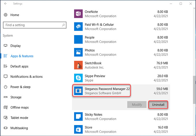 Uninstall Steganos Password Manager