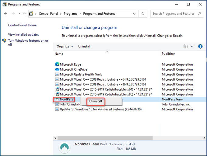 remove NordPass on Windows 7