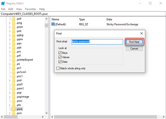delete Sticky Password on registry editor