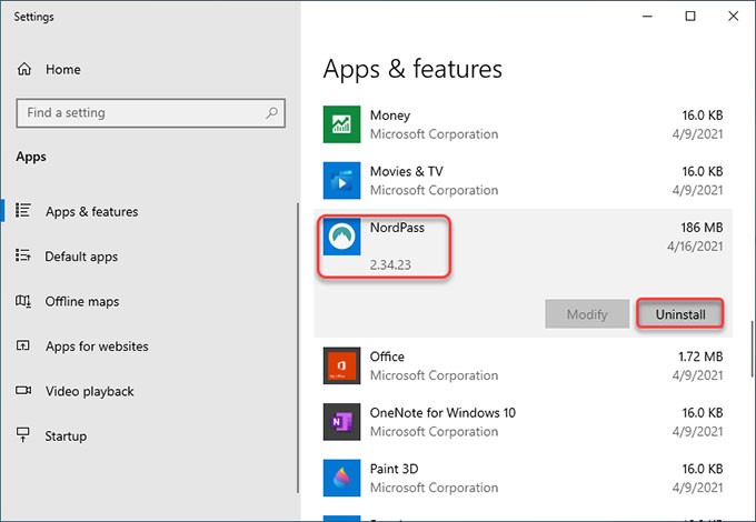 Uninstall NordPass on Windows 10