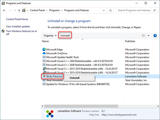 Uninstall Sticky Password Manager