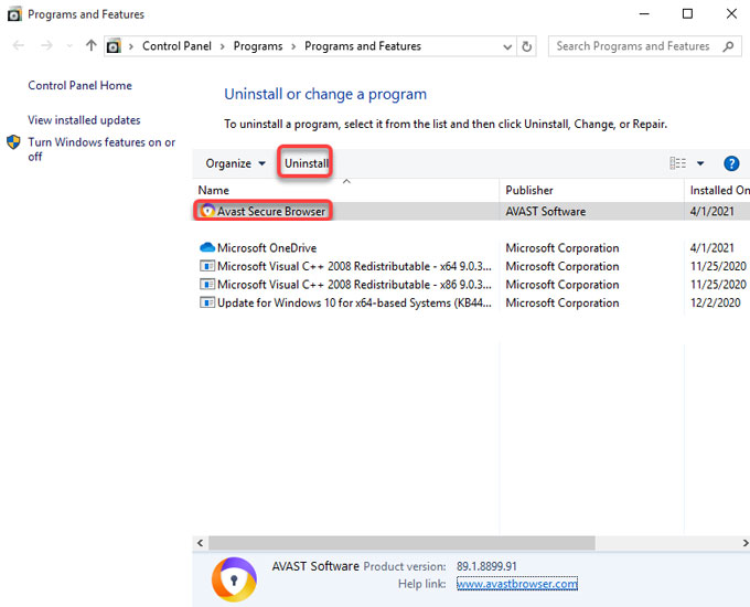 uninstall Avast Secure Browser