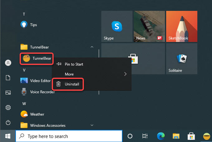 uninstall TunnelBear from start menu