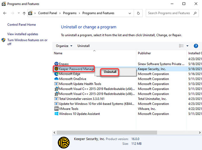 Uninstall Keeper Password Manager