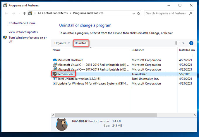 remove RememBear on Windows 7