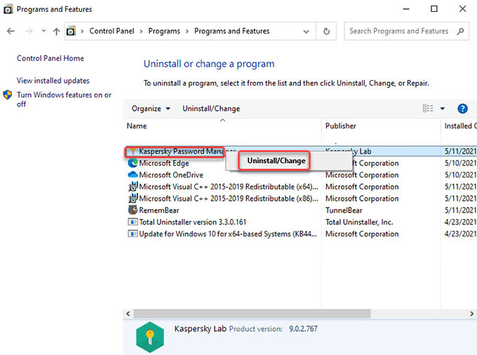Uninstall Kaspersky Password Manager 