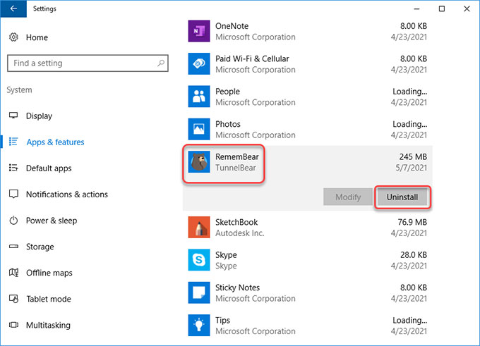 uninstall RememBear on Windows 10