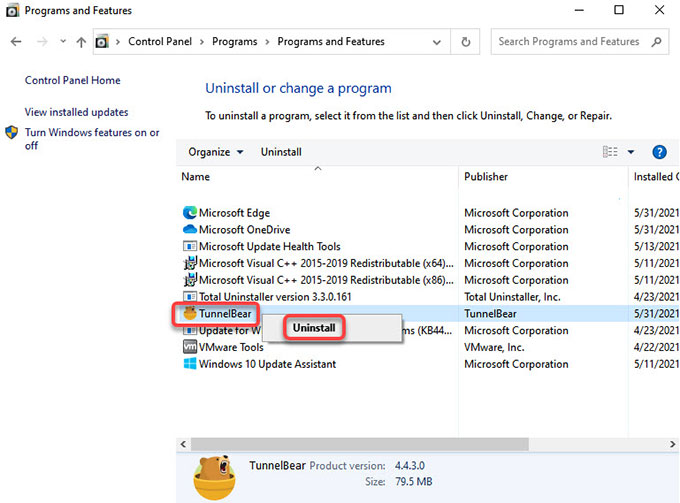 uninstall TunnelBear on control panel