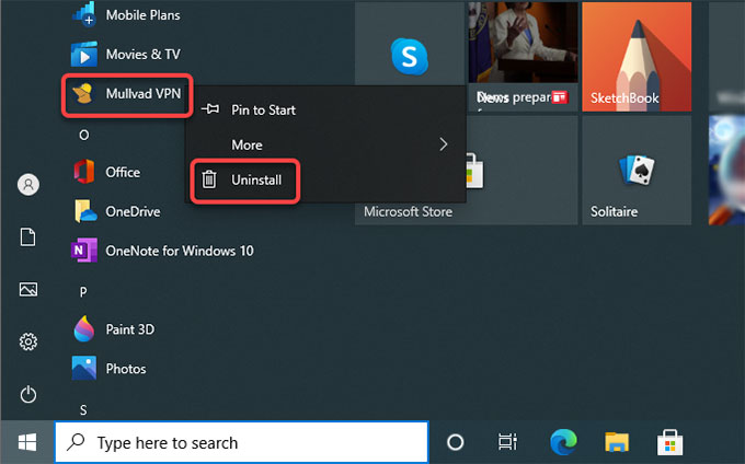Uninstall Mullvad VPN from Start menu
