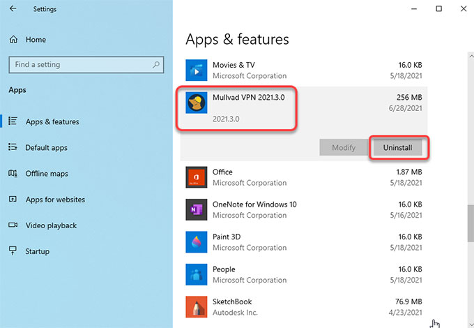 Uninstall Mullvad VPN on Windows 10