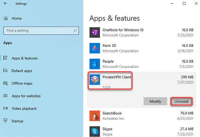 uninstall PrivateVPN in Windows 10