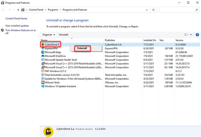 uninstall CyberGhost VPN on Windows