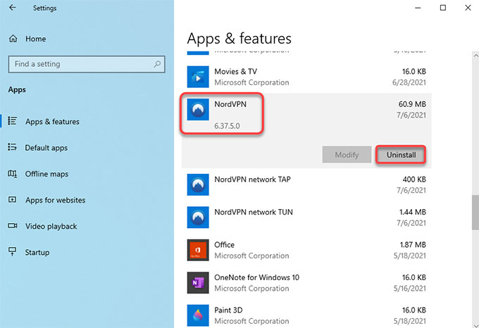 uninstall NordVPN on Windows 10
