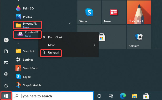 uninstall PrivateVPN from Start menu