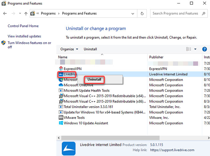 uninstall Livedrive